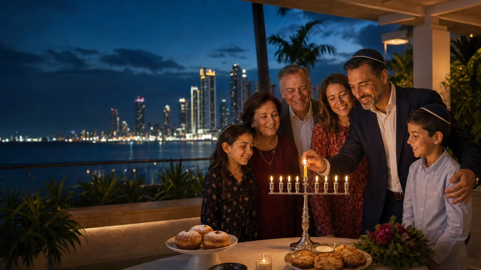 Familia judía encendiendo una menorá de Janucá con vistas al horizonte de la ciudad de Panamá