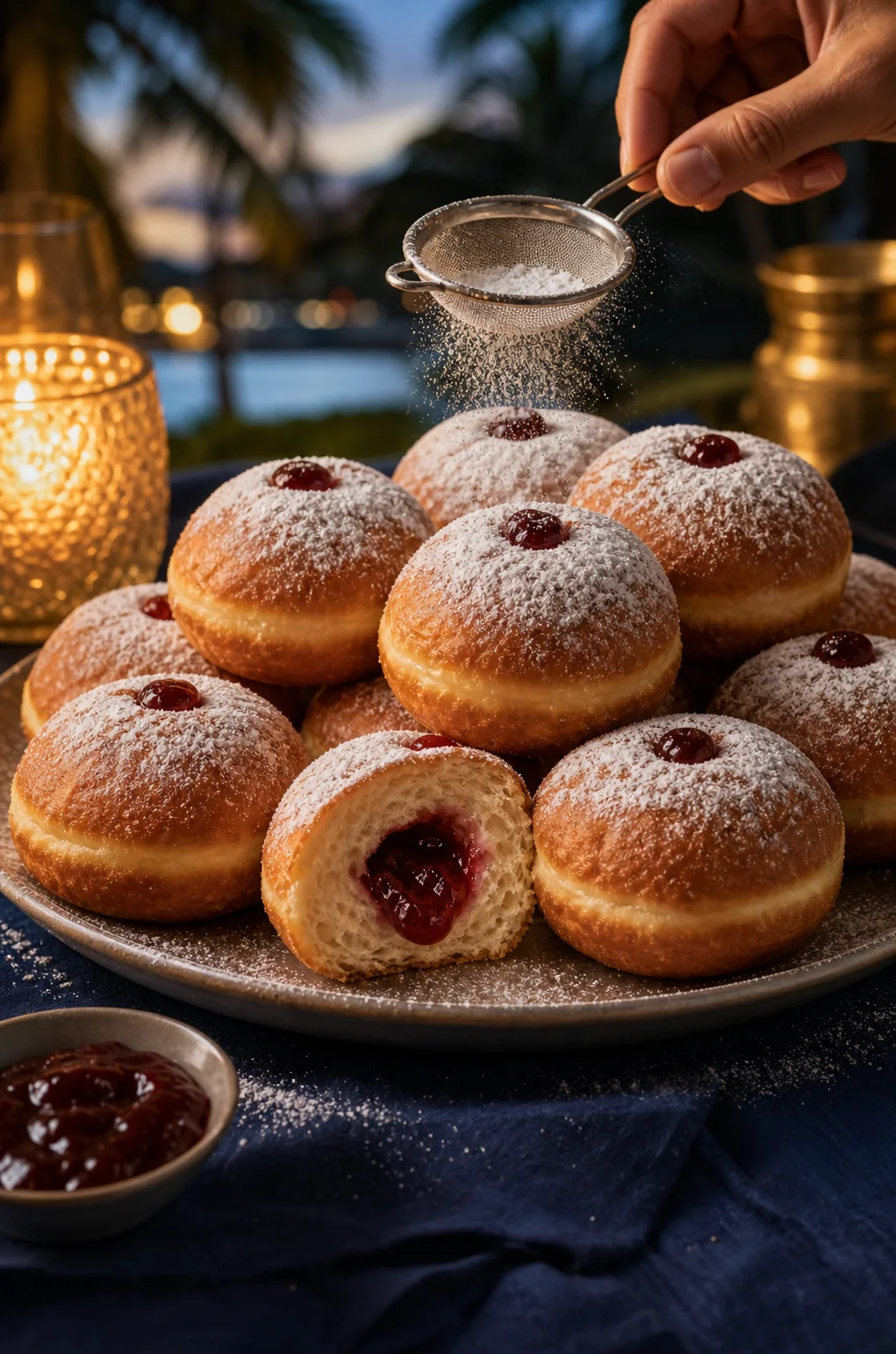 Sufganiyot fresco relleno de mermelada de frambuesa y espolvoreado con azúcar glass