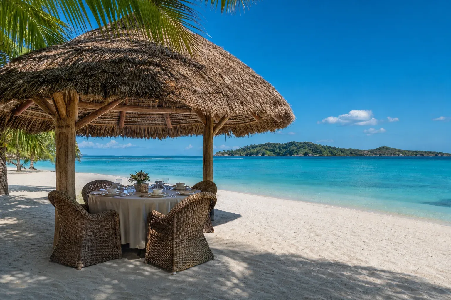 Déjeuner casher sur la plage sous une palapa ombragée