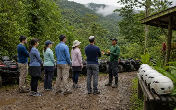 Safety briefing with helmets and ATVs before the Blue Hill ATV ride