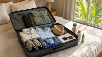 Open suitcase packed with lightweight clothing and essentials for a trip to Panama