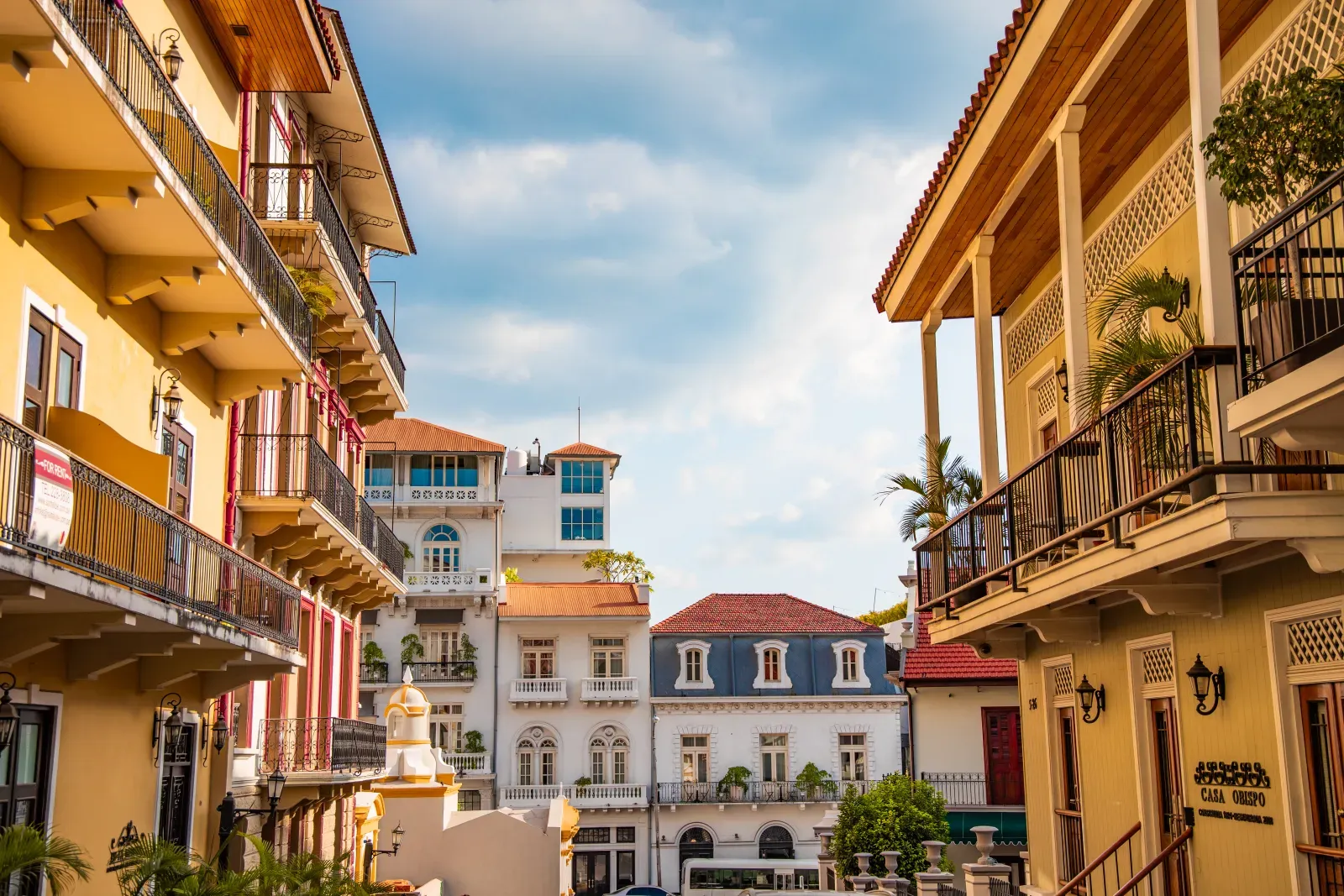 Colorful colonial balconies along a street in Casco Viejo