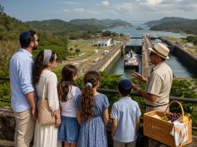 Guía explicando el Canal de Panamá a una familia desde un mirador.