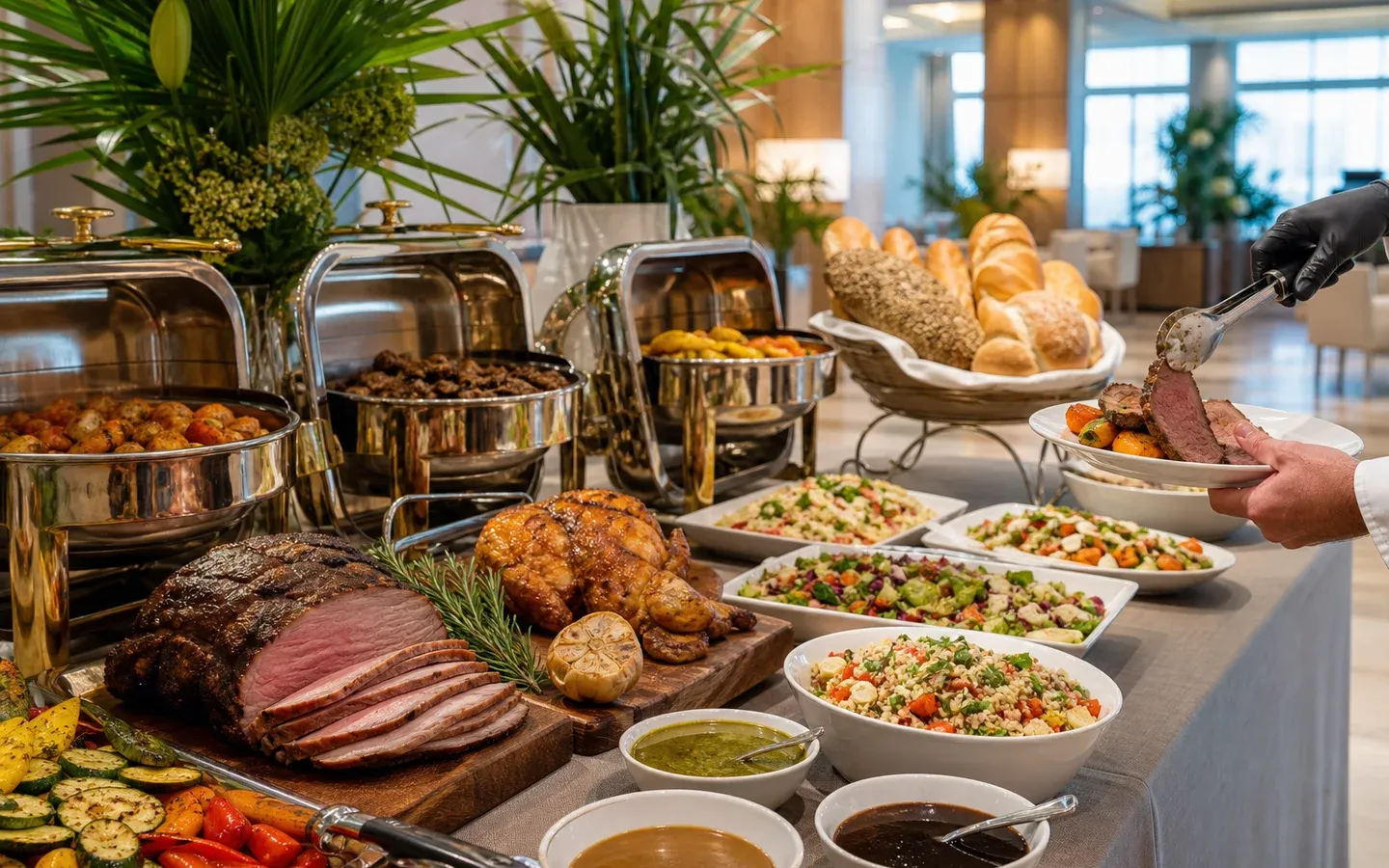 Premium kosher dinner buffet with roast beef, chicken, vegetables, and fresh salads