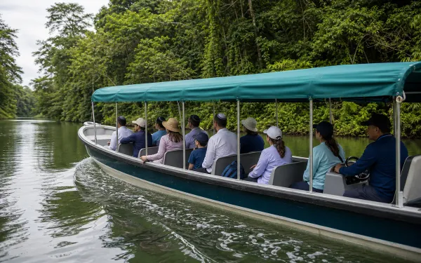 Covered boat crossing Gatun Lake on the Monkey Island tour