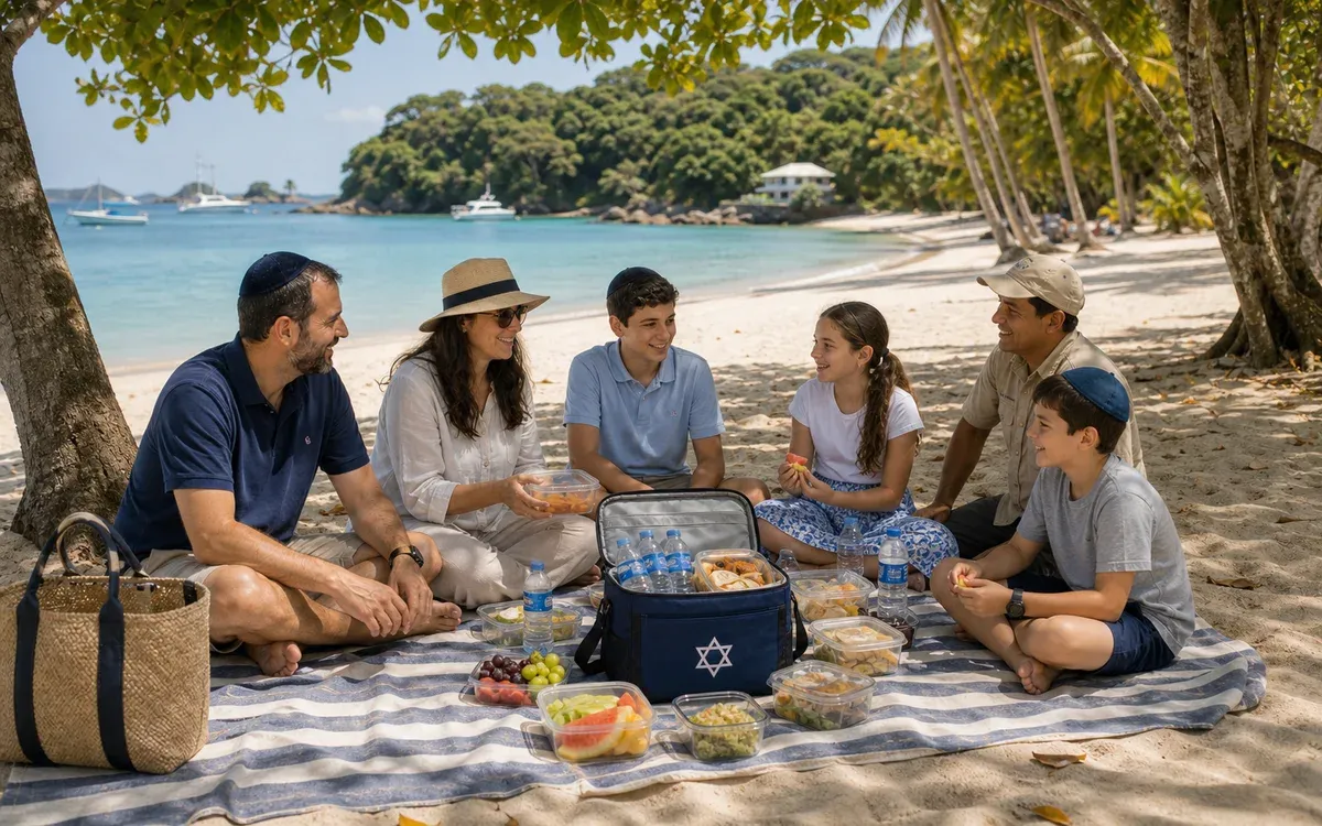 Packed kosher picnic laid out on a table in the shade by the beach
