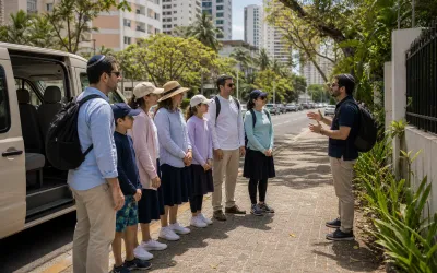Guide sharing context with a family in Panama City's Jewish neighborhood