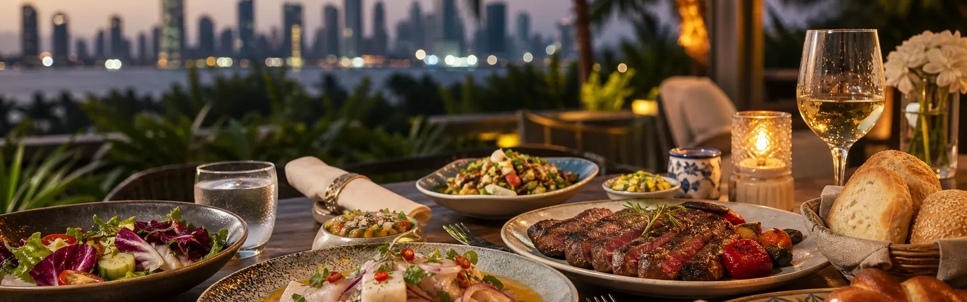 Cena kosher servida frente al horizonte de la ciudad de Panamá