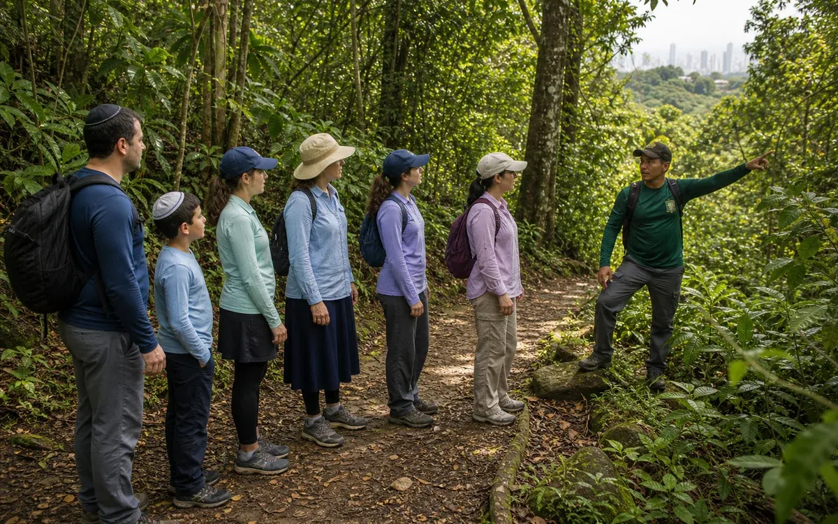 Naturaliste expliquant les plantes des forêts tropicales aux visiteurs sur un sentier de forêt tropicale