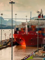 A cargo ship passing through the Panama Canal locks