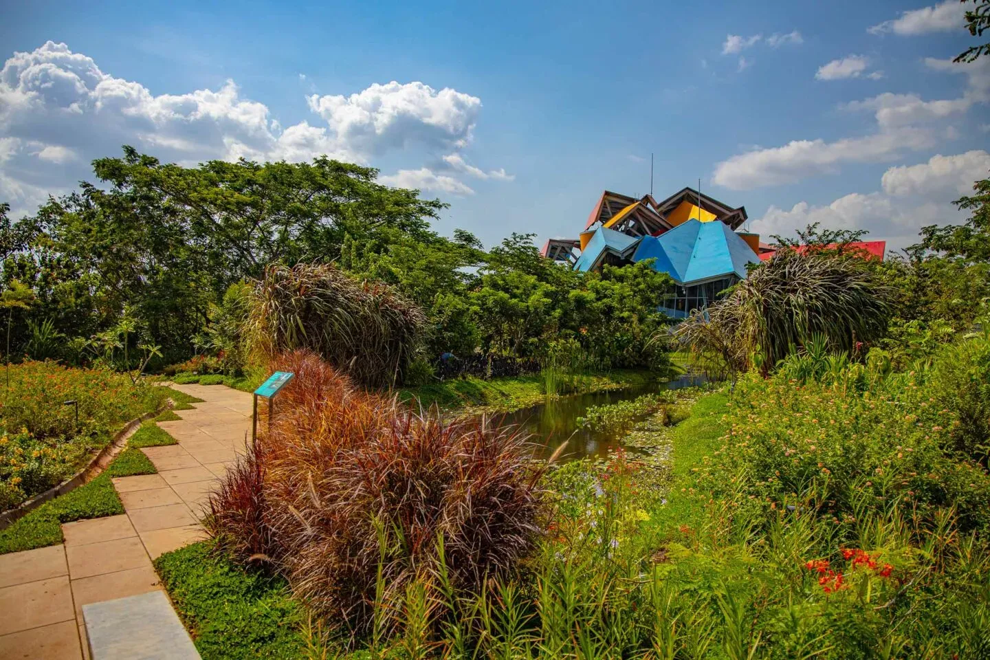 Landscaped garden path with the colorful Biomuseo roof beyond