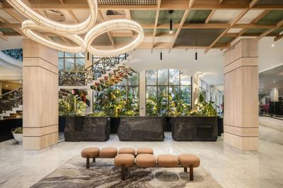 Lobby seating and chandelier