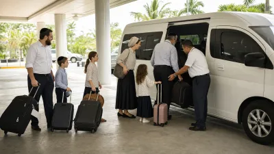 A tzniut-dressed Jewish family loading luggage into a private transfer van at a Panama airport