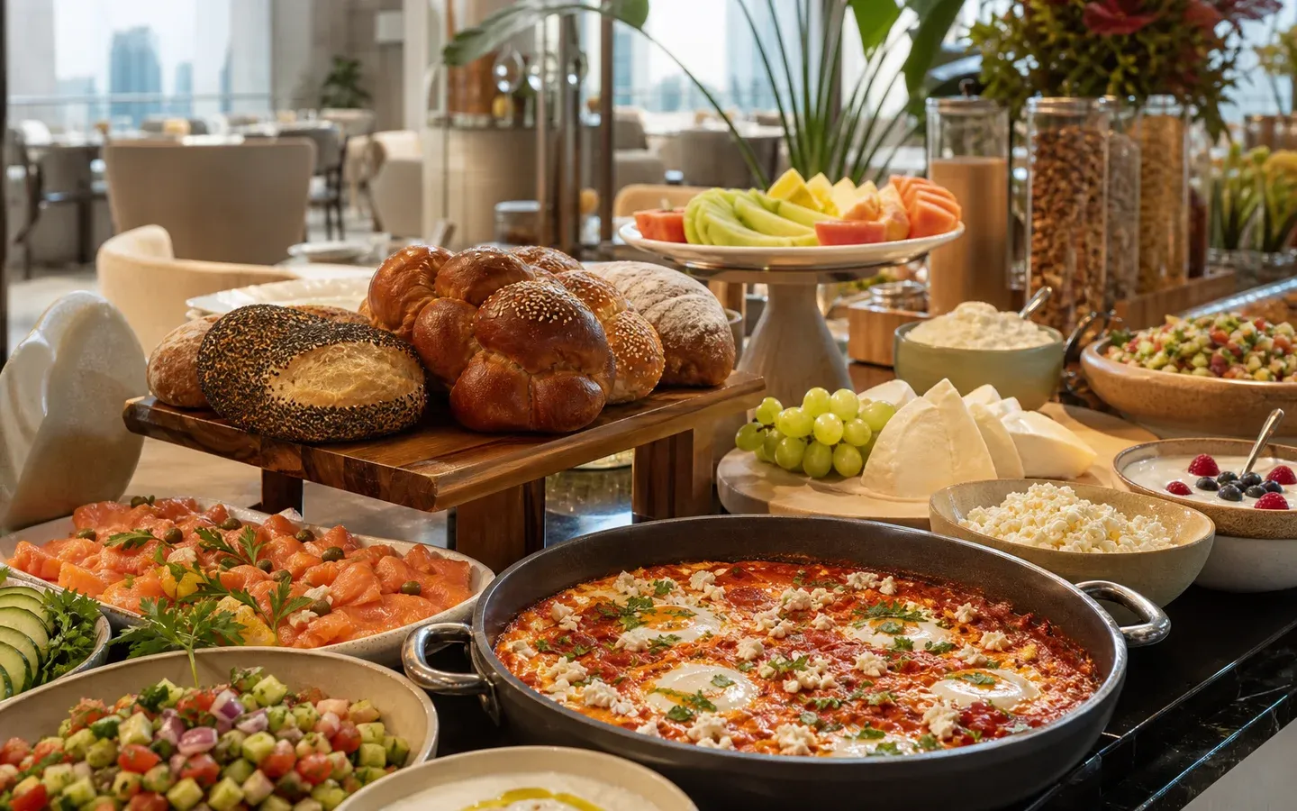 Luxury kosher breakfast buffet with shakshuka, fresh breads, salads, fruit, and cheeses