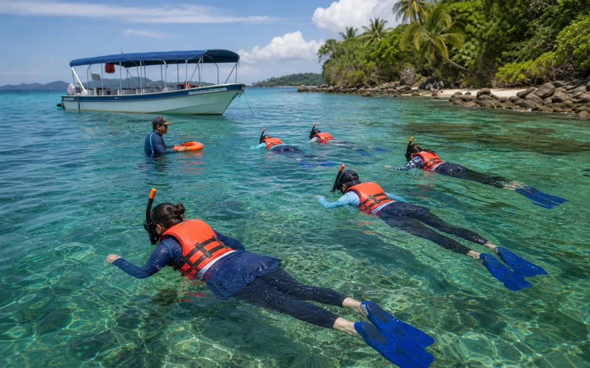 Snorkelers in life vests floating over clear water near Contadora Island