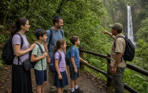 Jewish family and guide pausing near a waterfall trail in El Valle de Anton