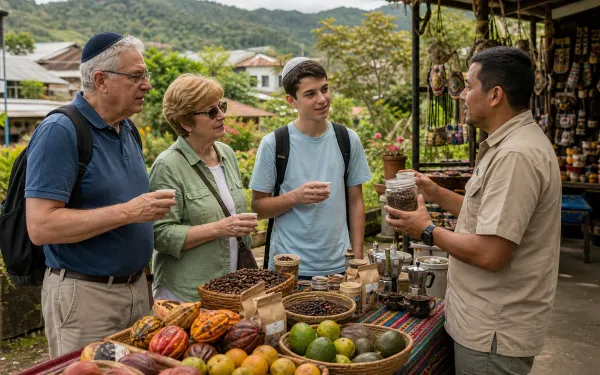 Jewish grandparents and teen tasting coffee at an El Valle market