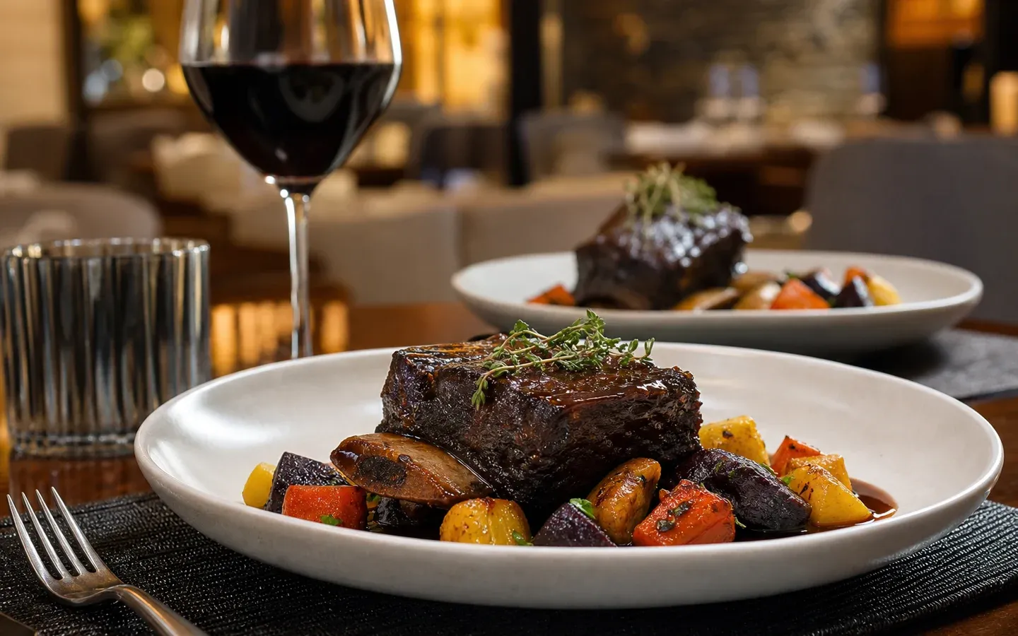 Elegant kosher dinner of braised beef with roasted vegetables