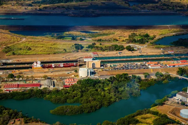 Aerial view of ships approaching the Miraflores Locks