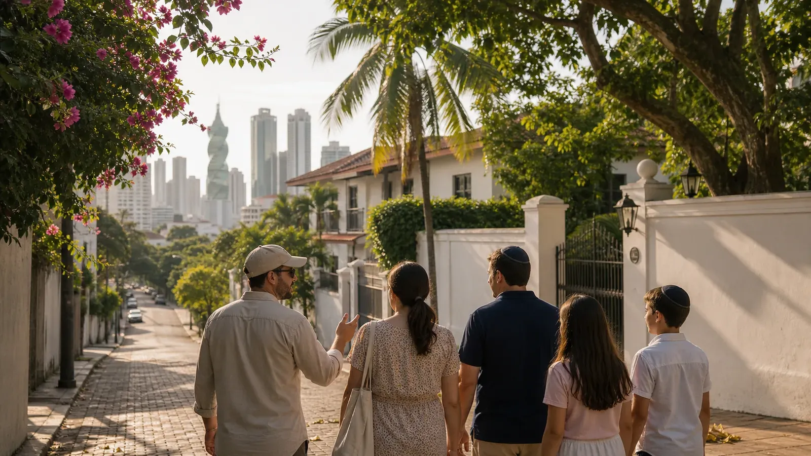 A Jewish family walking with a local guide through a Panama City neighborhood before Shabbat