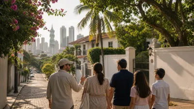 Family walking to synagogue in Panama City's Jewish neighborhood