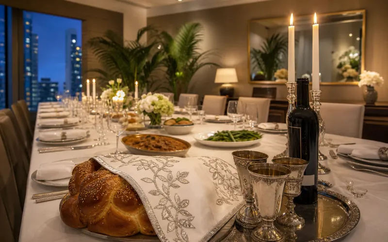 Table de Shabbat aux chandelles avec challah et vin