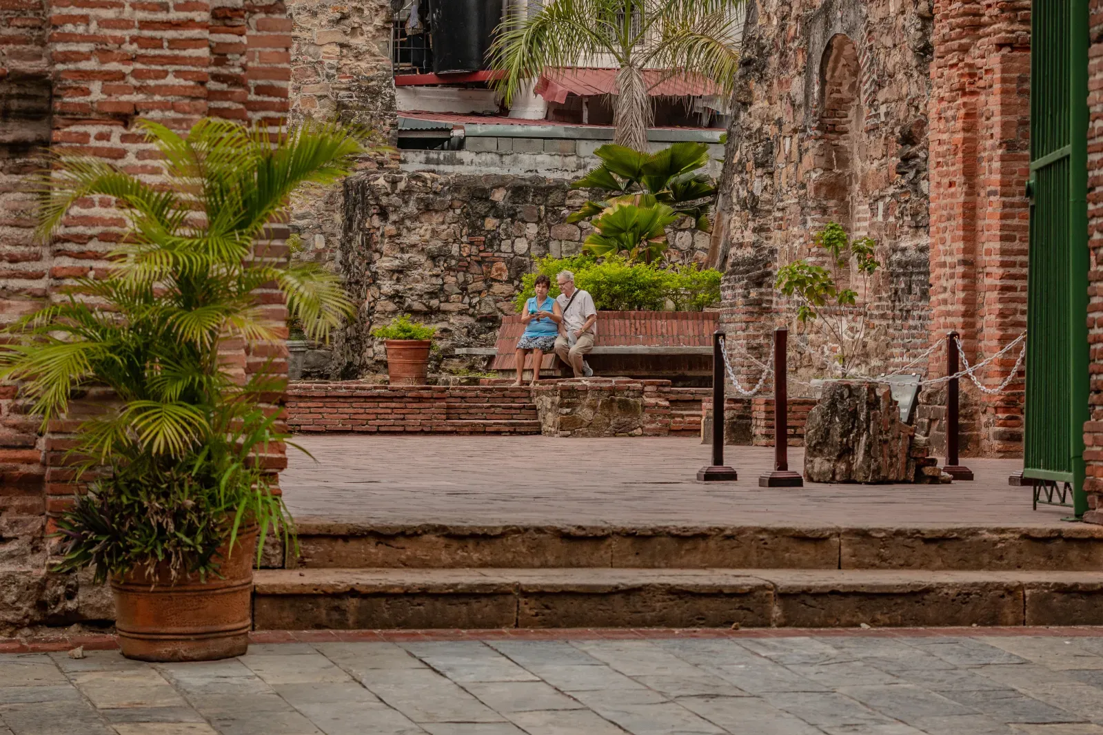 Historic brick walls and a quiet courtyard in Casco Viejo