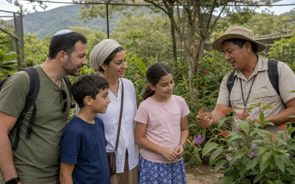 Jewish family with a guide in an El Valle butterfly garden