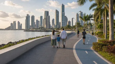 A Jewish family walking with a few other visitors along Panama City's quiet Cinta Costera waterfront promenade