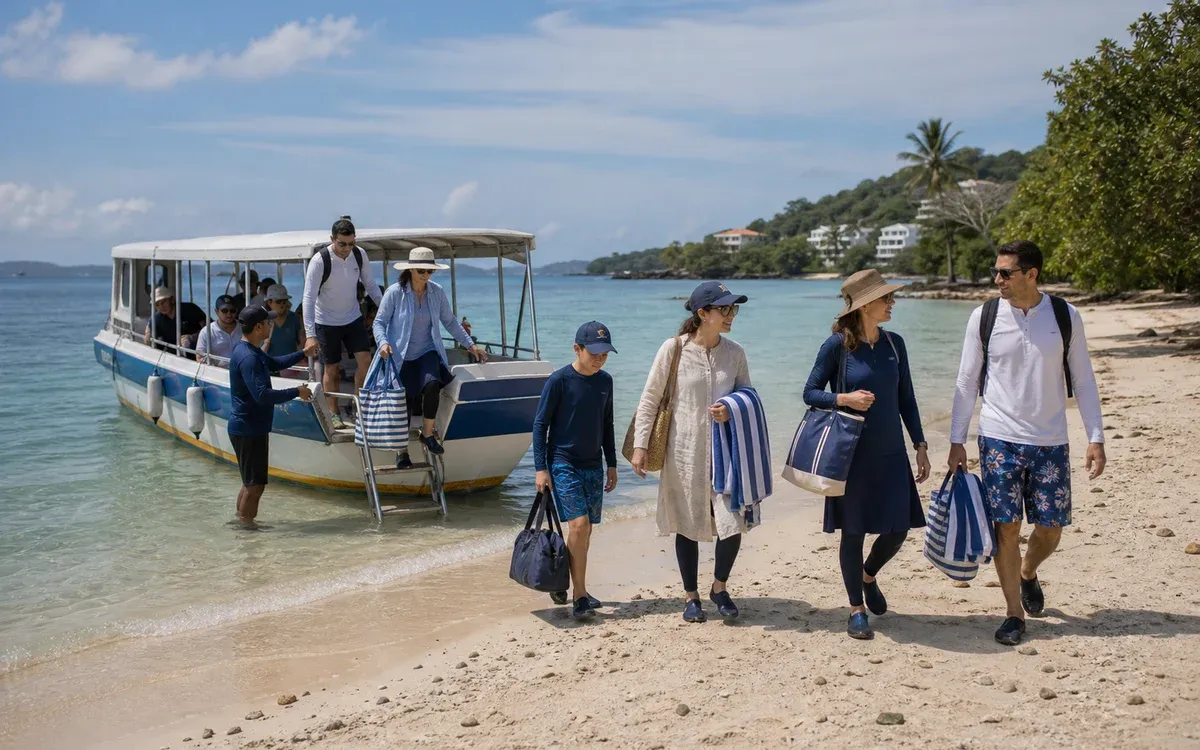 Travelers stepping off a boat onto the beach at Contadora Island