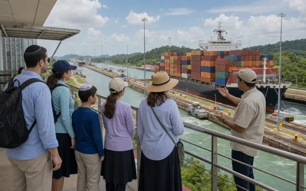 Visitors watching a ship from the Panama Canal observation deck